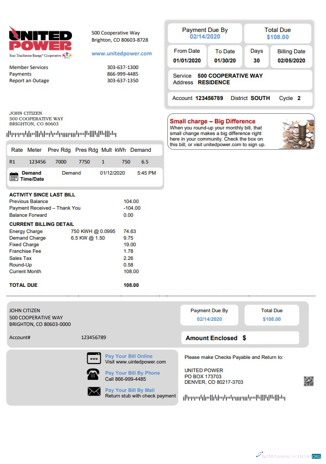 download download USA Colorado United Power utility bill template in Word and PDF format PDF template PDF template